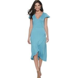 Juicy Couture Turquoise Faux Wrap Midi Dress Knit Ruffle Asymmetric Hem Sz MED